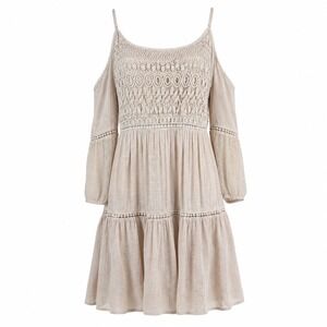Vivid Importers of NY Cold Shoulder Dress Tan Cotton Boho Festival